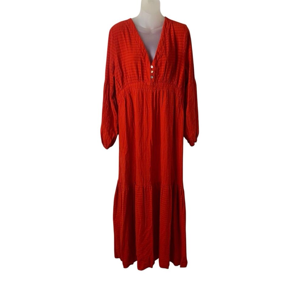 Anthropologie Amadi Alisha Linen Maxi Dress XL Long Sleeves Textured Holiday Red - Picture 12 of 16